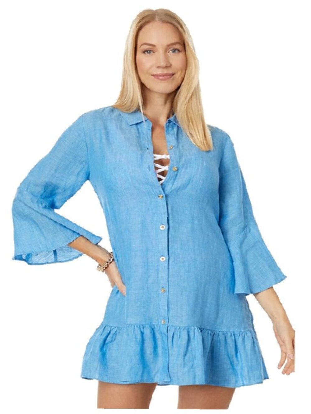 Lilly Pulitzer Linley Linen Coverup Button Up Shirt‎ Dress Beckon Blue Large